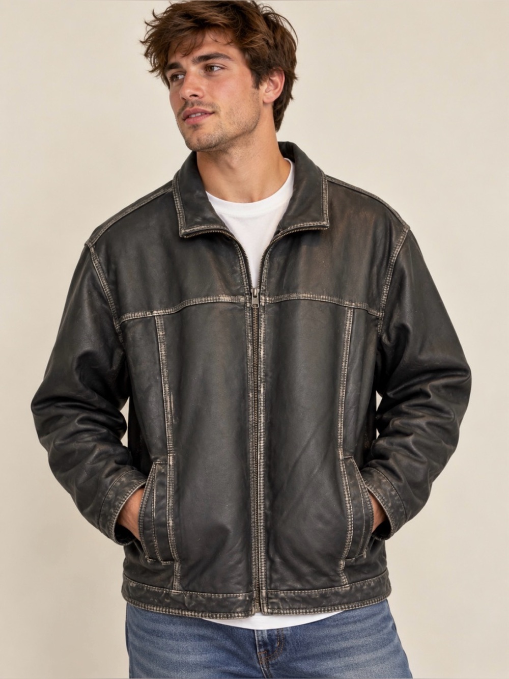 Tommy Bahama Distressed Black Leather Jacket XL Zip Front